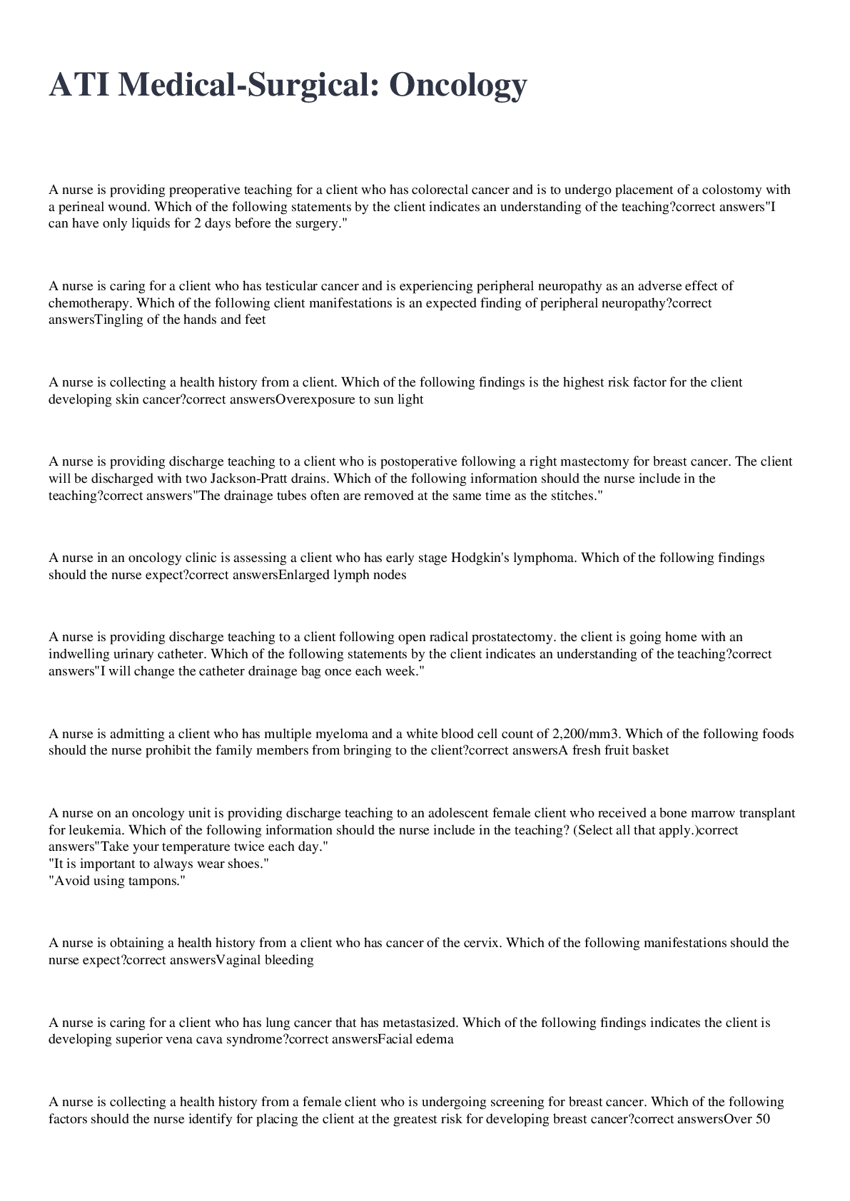 Preview image for ATI Medical-Surgical: Oncology: Questions and answers, Rated A+, 2022